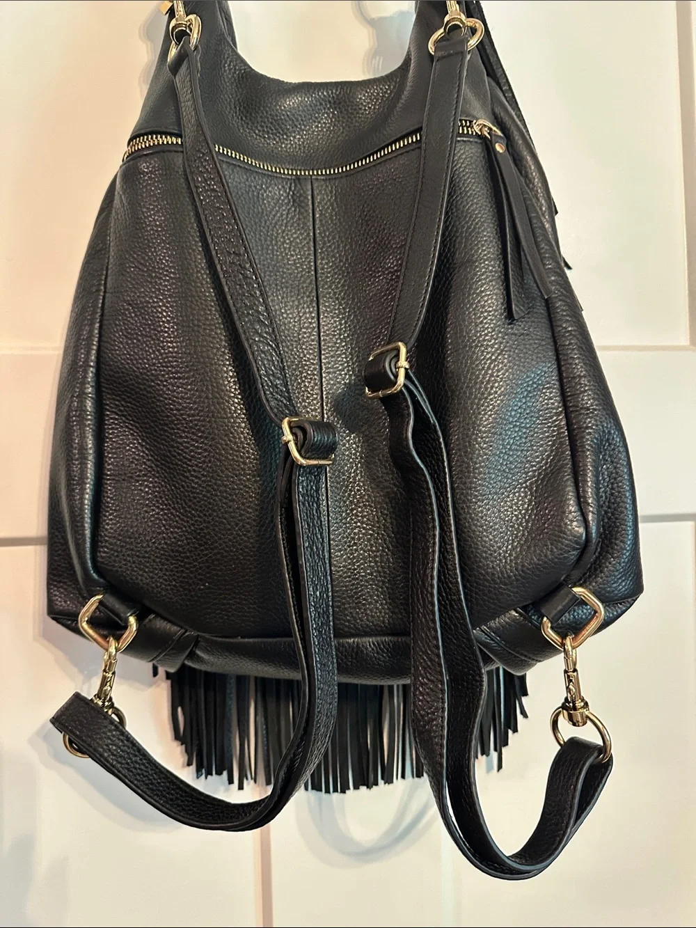 G.I.L.I pebbled black Fringe Leather Hobo backpack shoulder gold cinch purse